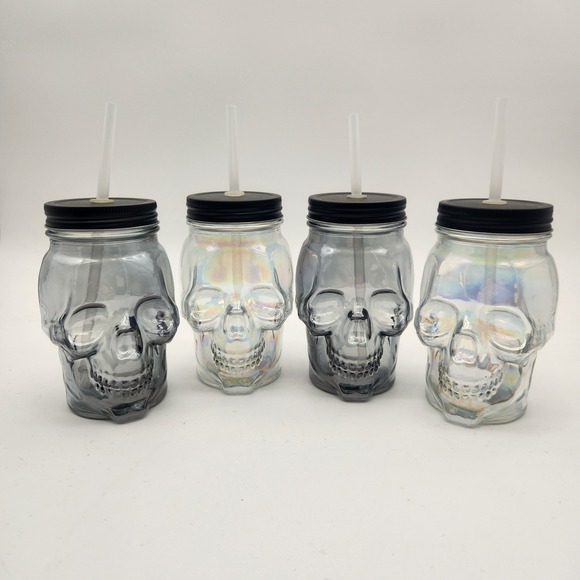 NWOT Skull Mason Jar Iridescent Sippers With Lids & Straws Halloween Set of 4 - Picture 1 of 7
